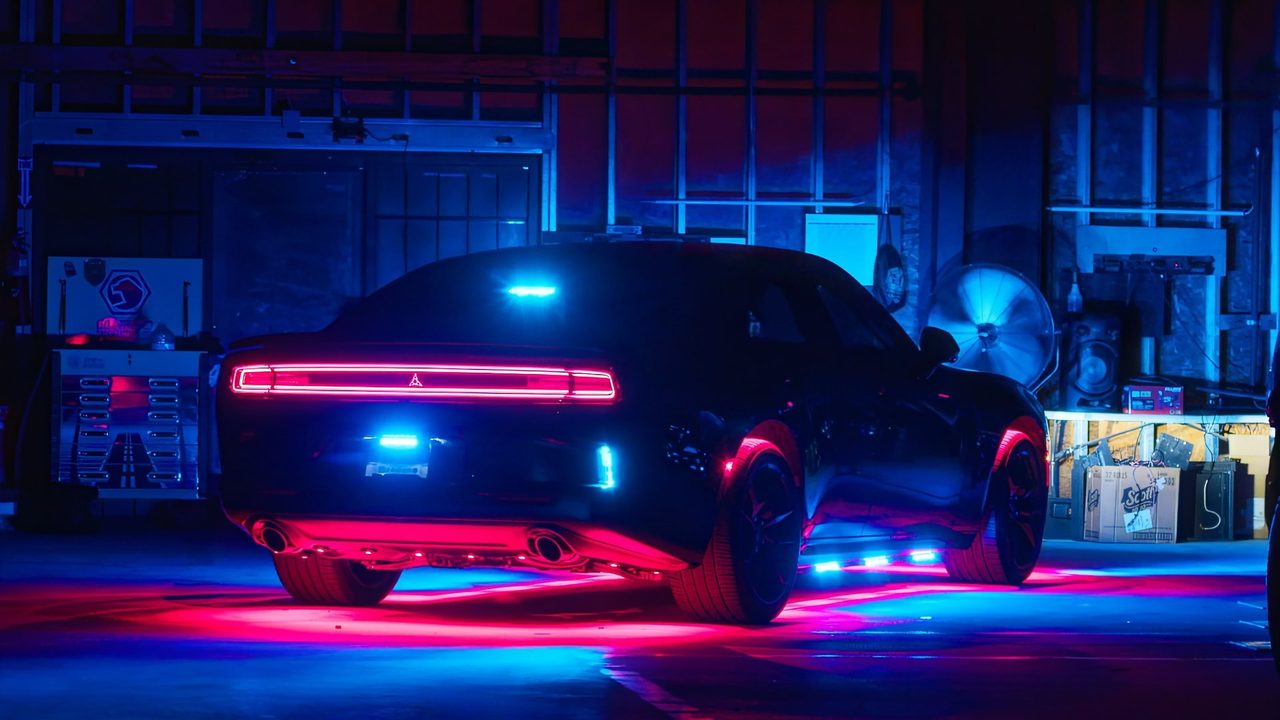 Truck emergency lights firing red and blue at night