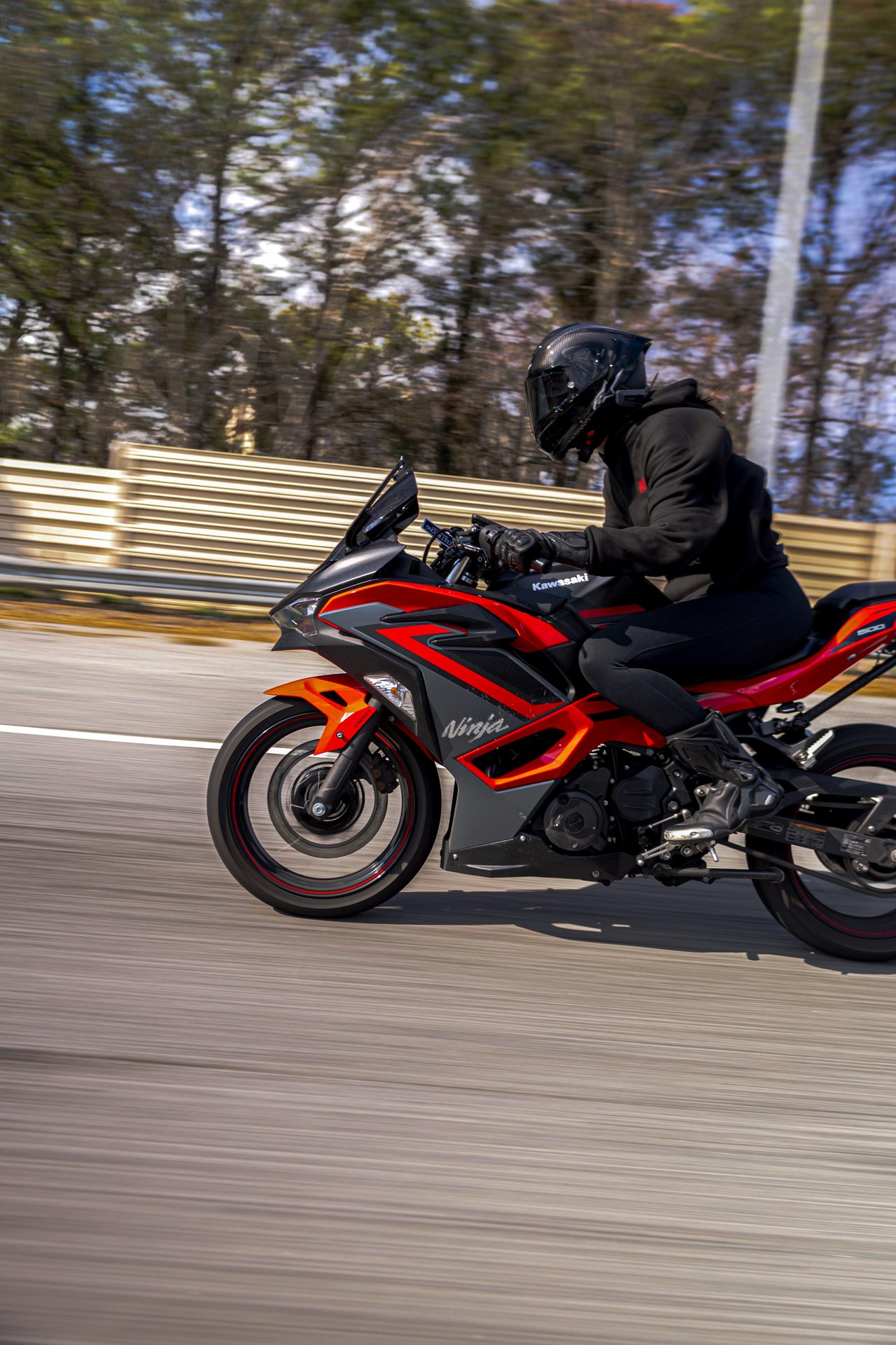 Rolling shot of a red sport bike on an Atlanta highway