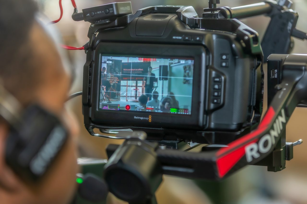 Operator checking a camera monitor on a Ronin rig